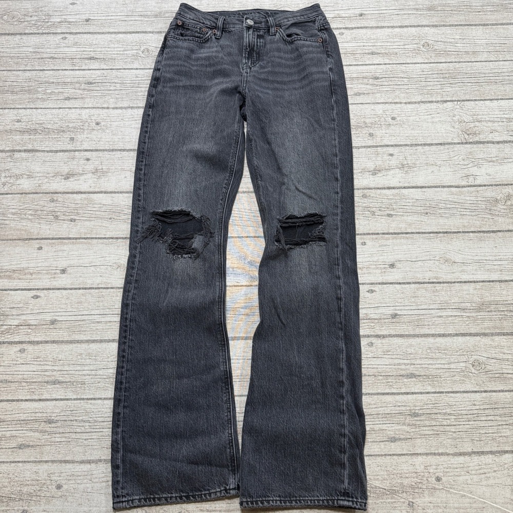 American Eagle Jeans Women's 0 Black Denim Distressed High Rise Wide Leg Baggy